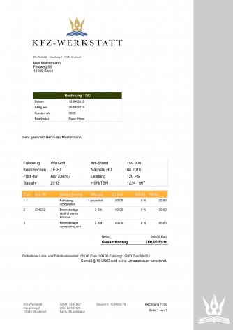 Faktura Kfz Kleinunternehmer Rechnung